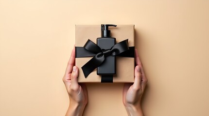 Hands Presenting Luxurious Spa Gift Set with Black Ribbon on Beige Background, Modern Minimalist Aesthetic