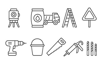 Construction tools outline icon set. drill, bucket, saw in linear graphic collection