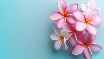 Obraz premium Pink and White Plumeria Flowers on Turquoise Background for Decor and Design