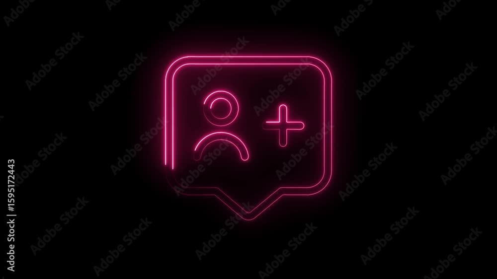 Poster glowing neon pink user add icon inside speech bubble with plus symbol isolated on black background