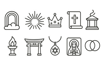 Religion and spirituality outline icon set. sacred symbols, faith icons collection