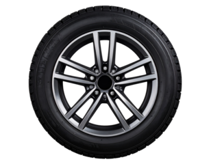 Front View of Rugged All-Terrain Tire with Deep Tread and Five-Spoke Wheel, isolated on transparent background PNG