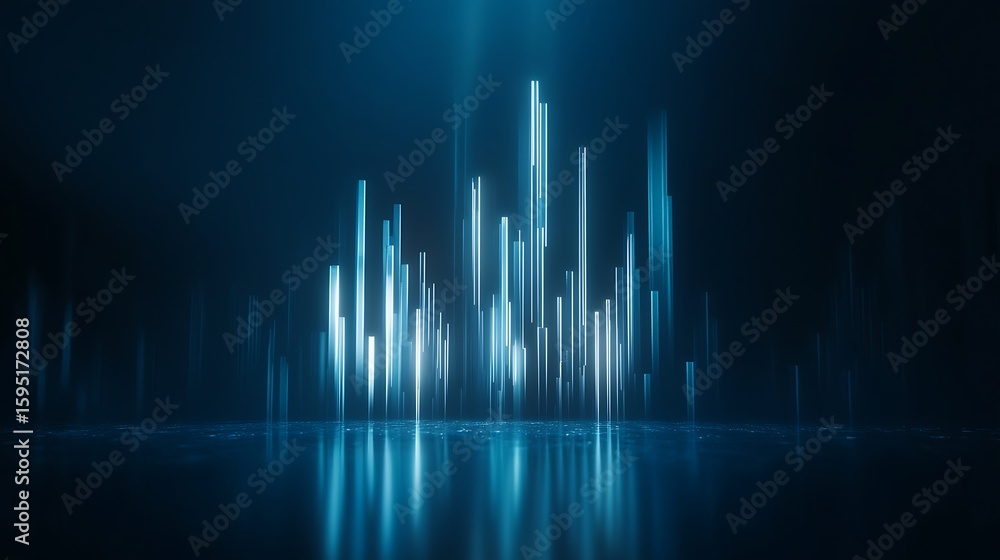 Poster abstract blue light beams rising from a reflective surface in a dark environment creating a futurist