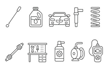 Automotive, maintenance line icon set. car parts, tools linear collection