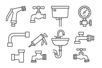 Obraz premium Plumbing and fixture line icon set. pipes, faucets, and tools outline collection