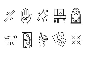 Magic and illusion line icon set. wizards, spells, fortune linear icons collection
