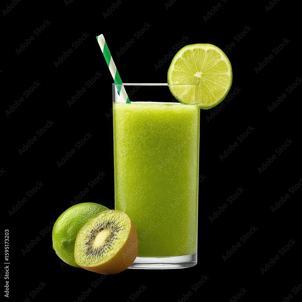 Poster refreshing green smoothie with kiwi and lime in glass with straw on black background
