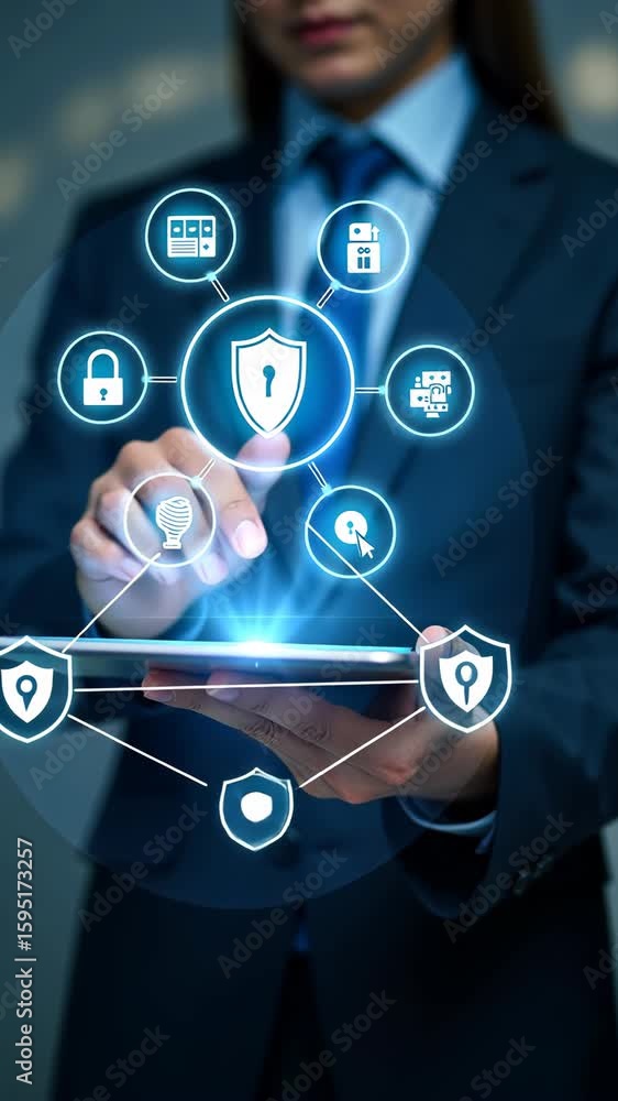 Poster a person in a business suit working on a tablet with virtual icons related to data security, featuri