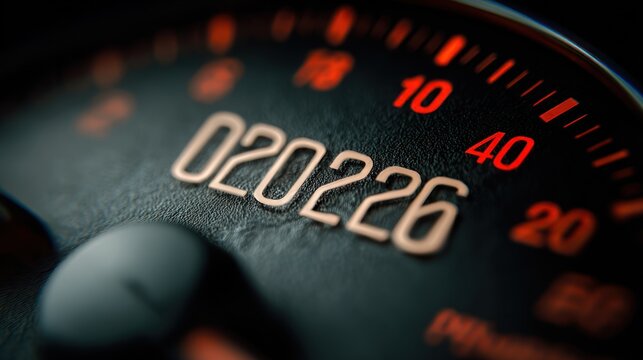 Close-up of a vintage-style speedometer with the odometer reading 020226