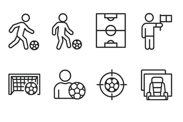 Fototapeta premium Soccer, sports line icon set. game, field, player, goal icons in linear style