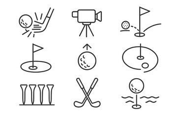 Fototapeta premium Golf outline icon set: clubs, hole, ball, flag, course, minimal outline collection