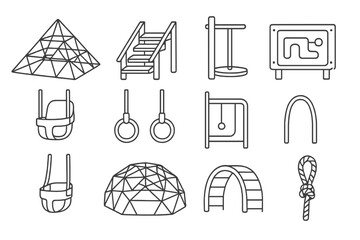 Playground equipment outline icon set. climbing, swing, slide, gymnastic icons collection