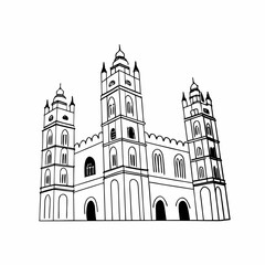 Fototapeta premium Line art of a classic European castle with towers, stone textures, and arched windows, highly detailed, black and white