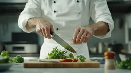 Chef's hands chopping fresh herbs and vegetables on a wooden board Cooking