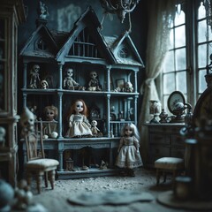 Eerie Dollhouse Display Dark Vintage Gothic Creepy Toy Collection