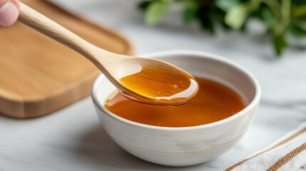 Golden honey in a white bowl wooden spoon lifts a portion sweet dessert