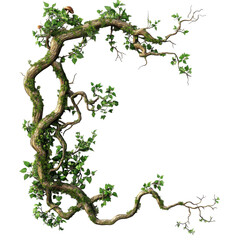 high-detail rainforest branch with wild vines, moss, and mushrooms isolated on transparent background