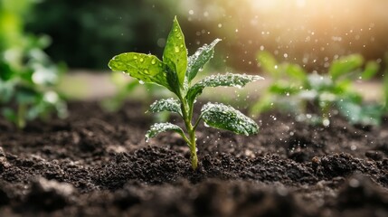 Young plant seedling growing in rich soil water droplets on leaves growth