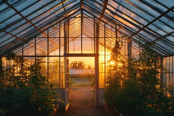 Fototapeta premium Golden sunset in a greenhouse