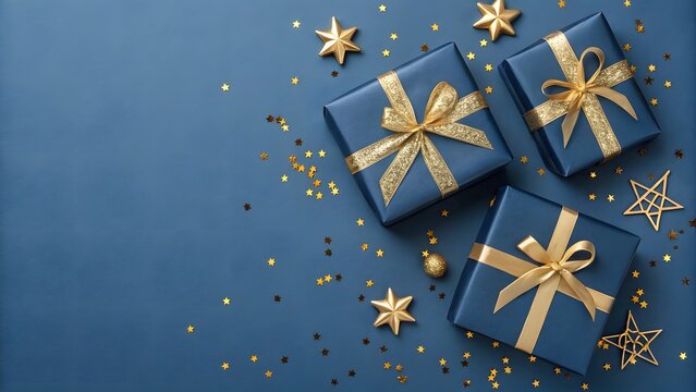 Festive Flat Lay with Blue Gift Boxes, Gold Ribbons, and Star Confetti on Blue Background