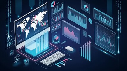 Animated Data Visualization on Monitor with World Map and Financial Charts - Powered by Adobe