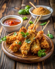 Fototapeta premium Photo of crispy golden fried chicken skewers are artfully arranged on a wooden board with dipping sauce and fresh herbs