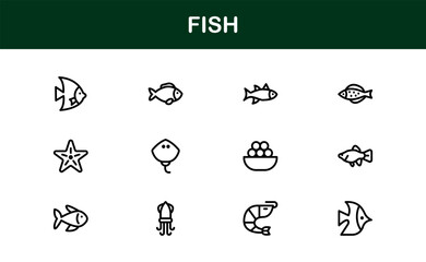 Fish Line Icon Collection – Unique, professional, and simple design set featuring ocean animals, seafood varieties, and aquatic ecosystem symbols