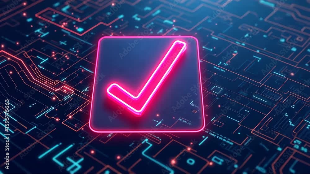 Poster glowing red check mark is on a circuit board. the check mark is surrounded by a blue and red backgro