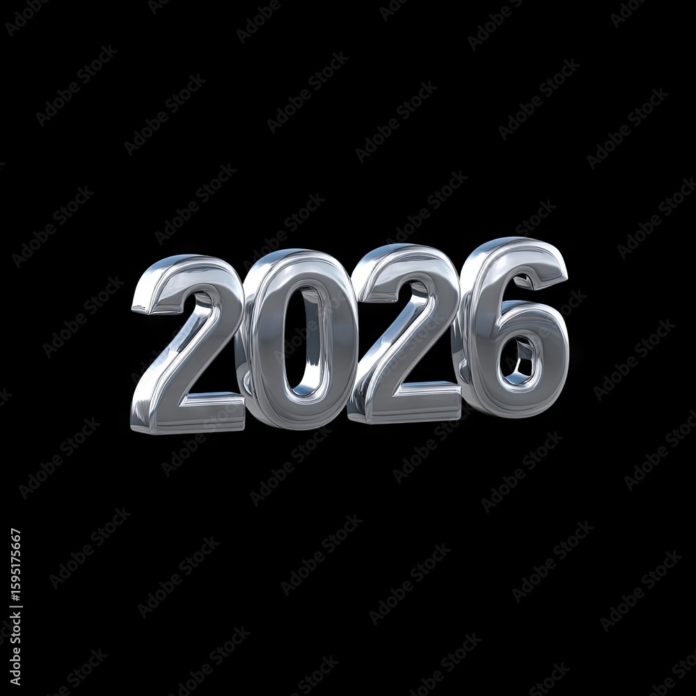 Poster three-dimensional representation of the year 2026 in shiny metallic style against a black background
