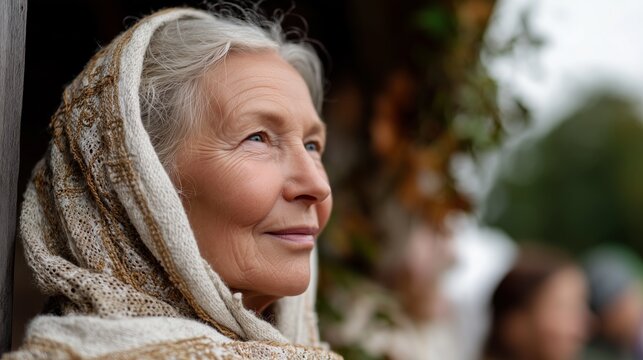 Elderly woman wearing a headscarf gazes thoughtfully outdoors during a community gathering in autumn - Powered by Adobe