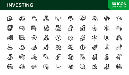 Investing essentials illustrated with modern precision — professional minimal vector line icon set covering finance, stock market, money management symbols