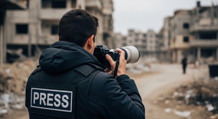 An authentic photograph of a journalist in a conflict zone