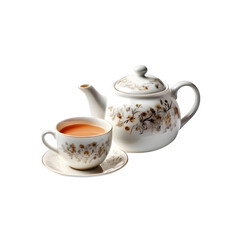 White ceramic teapot with milk tea cup on transparent background