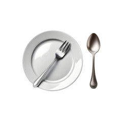 White ceramic plate with fork and spoon on transparent background