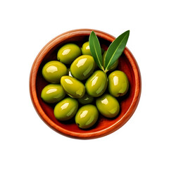 Wooden bowl of olive fruit with leaf on transparent background