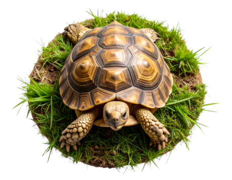 Top-Down Close-Up of Tortoise Resting on Grassy Ground, Minimalist Wildlife Composition, Isolated PNG