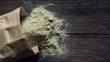Ground Green Herb Spilled from Brown Paper Bag on Rustic Wooden Surface with Natural Texture