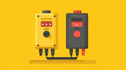 Illustration of Yellow and Black Electric Connectors with Red Control Buttons on a Bright Yellow Background