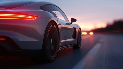 Sleek silver sports car on highway at dusk with glowing taillights