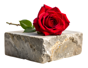 Single Red Rose Resting on Weathered Gravestone, Symbolic Memorial Concept, Isolated PNG