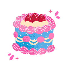 Birthday Cake. Blue and pink toned illustration with strawberry and whipped cream. Vector flat art