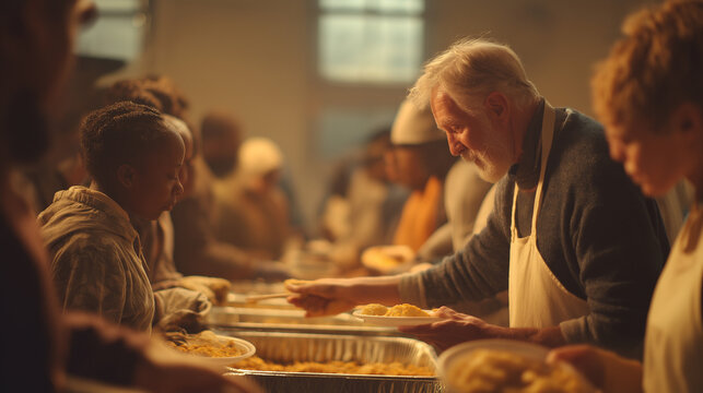 Heartwarming scenes of volunteers helping out at a soup kitchen, giving food to the homeless, diverse people showing kindness, soft lighting, emotional expressions, realism