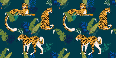 Seamless pattern with leopards and tropical leaves. Leopards on a blue background surrounded by tropical plants. Vector illustration