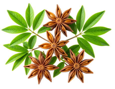 Top View of Fresh Anise-Resembling Green Leaves on Thin Branch, Minimalist Botanical Composition, Isolated PNG