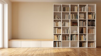 Modern Minimalist Interior Design with Large White Bookshelf and Natural Light