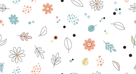 A gentle watercolor floral pattern with delicate botanical elements and whimsical dotted accents