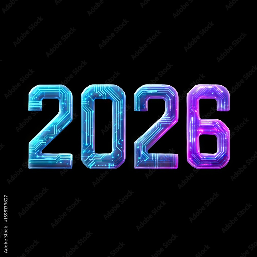 Poster futuristic digit design featuring the year 2026 with vibrant neon circuit patterns against a dark ba