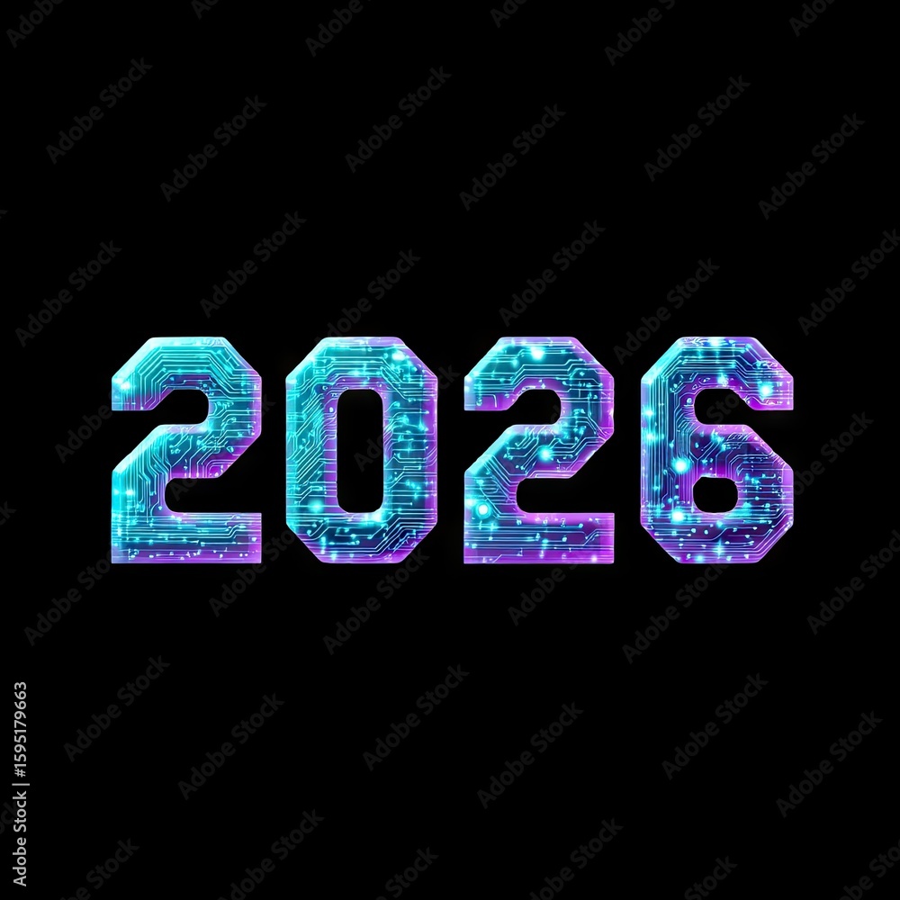 Poster futuristic digital representation of the year 2026 with circuit patterns and neon design elements