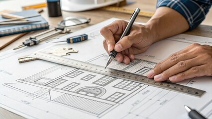 Close-Up of Architect&rsquo;s Hands Drawing Building Blueprint with Ruler and Pencil


