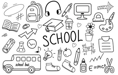 Back to school. Set of doodle school elements. School backpack, school bus, computer, pen, pencil, paper clips, formulas, strikethroughs and other outline hand drawn school elements.